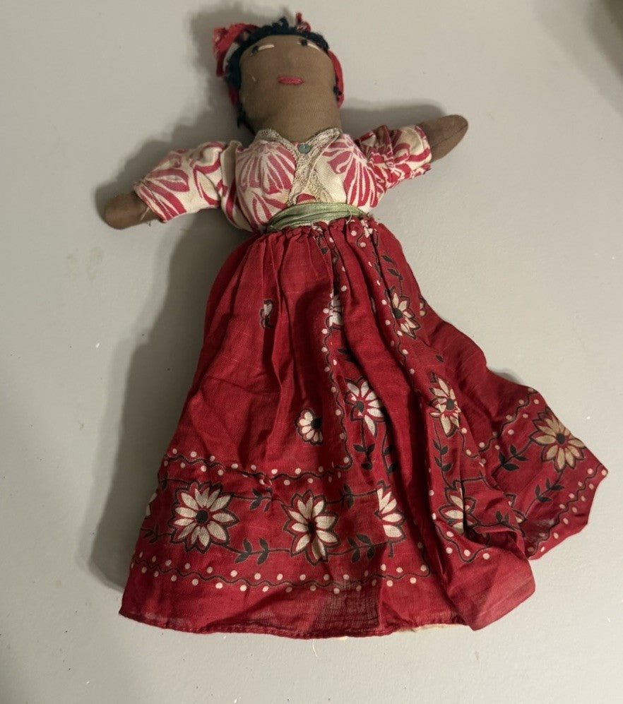 Vintage Handmade Folk Art Cloth Doll Floral Dress Handkerchief 12"