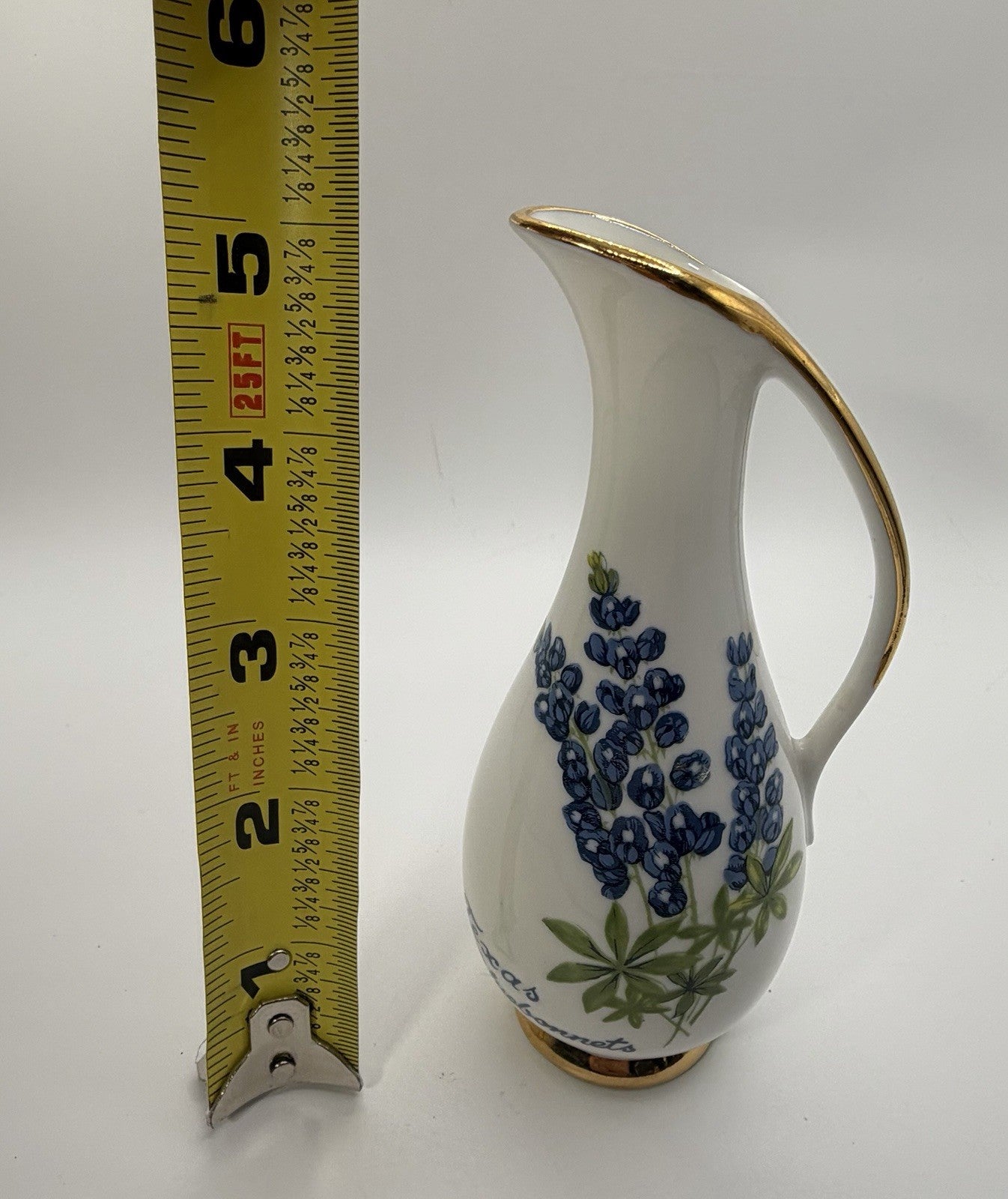 Vintage Texas Bluebonnets Vase with Gold Trim and Handle