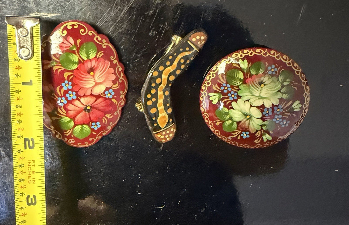 Vintage Russian Hand Painted Lacquer Floral Brooches Signed Boomerang Snake Pin