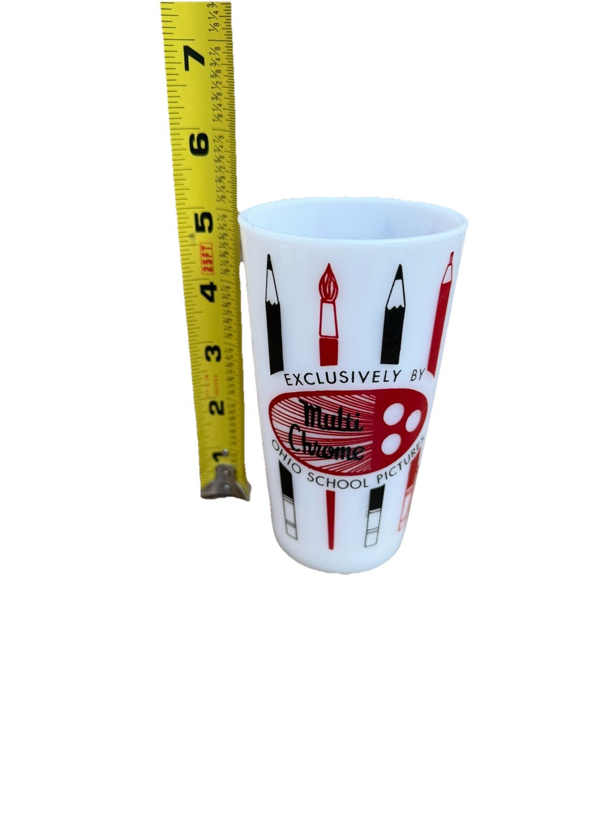 Vintage Milk Glass Advertising School Pictures Tumbler Chrome Graphics 5"
