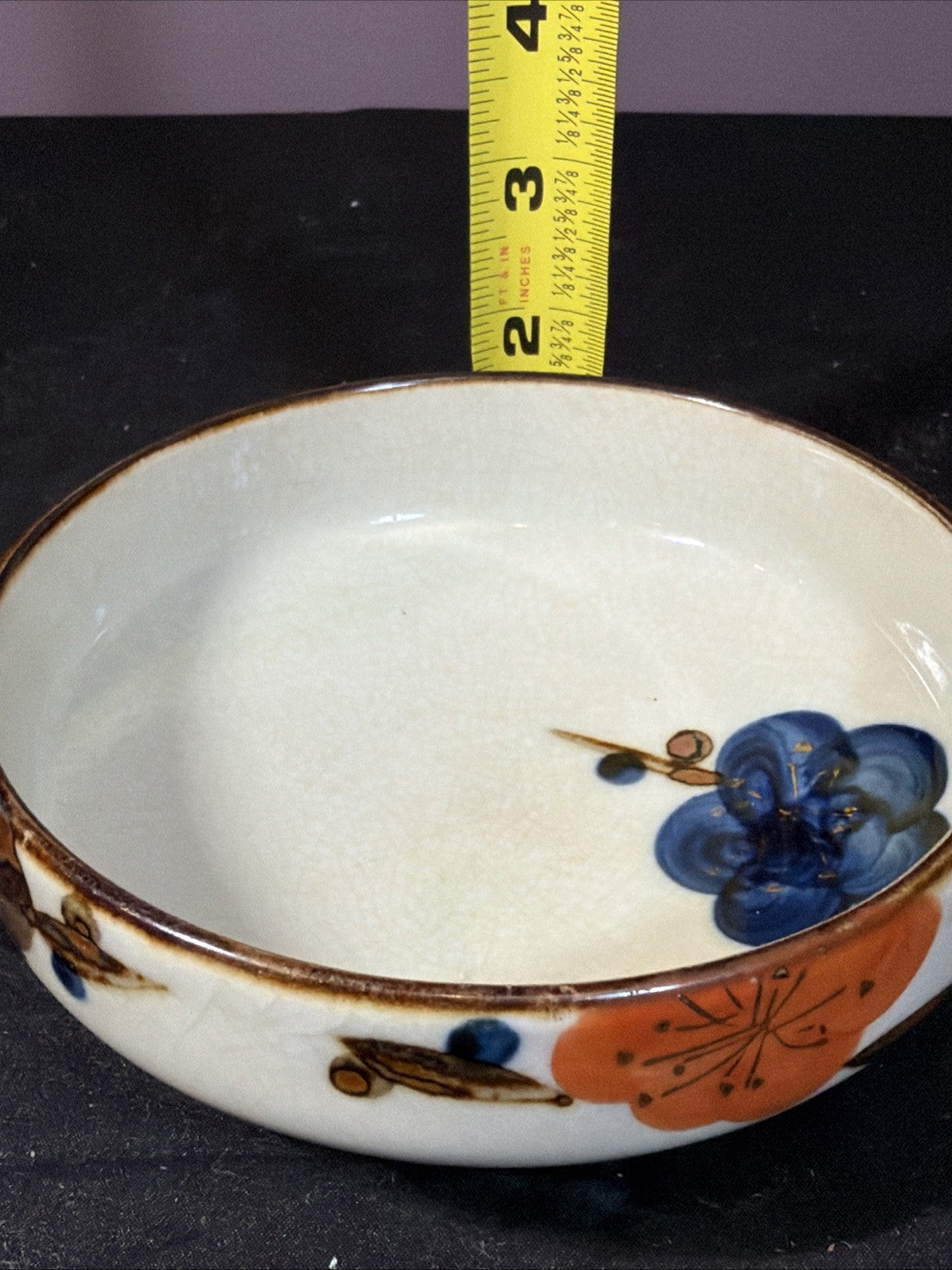 Vintage Asian Crackle Glaze Bowl Blue Floral Gold Trim Porcelain 5”