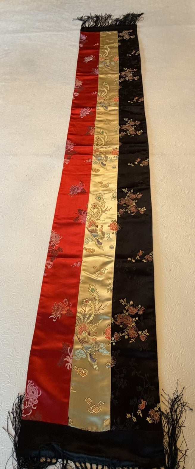 Vintage Asian Silk Brocade Table Runner Red Gold Floral Fringe 58" Oriental