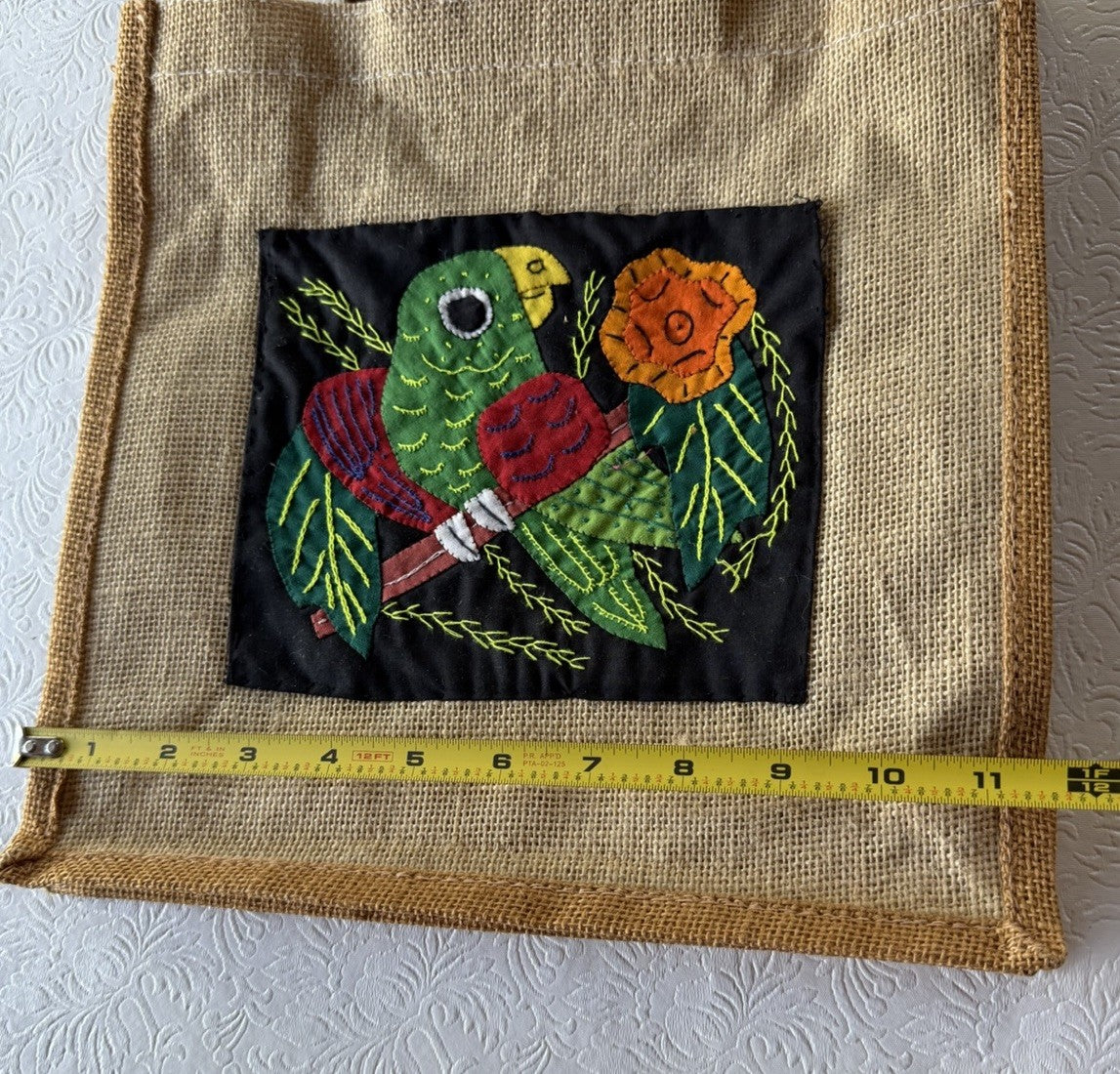 Vintage Mola Applique Parrot Burlap Tote Bag Folk Art Bamboo Handles
