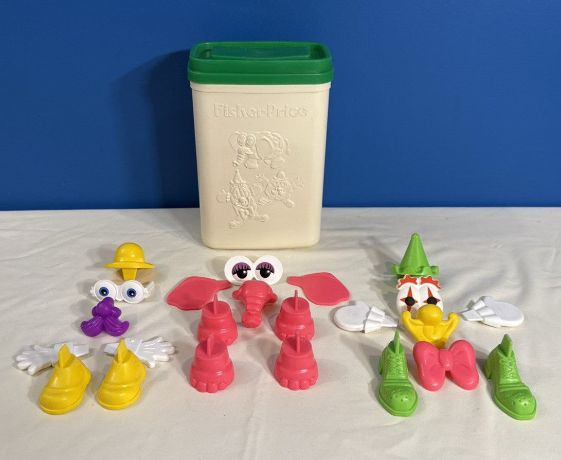 Vintage Fisher Price Crazy Combo 703 Toy Set 23pc Storage Canister 1980 Complete