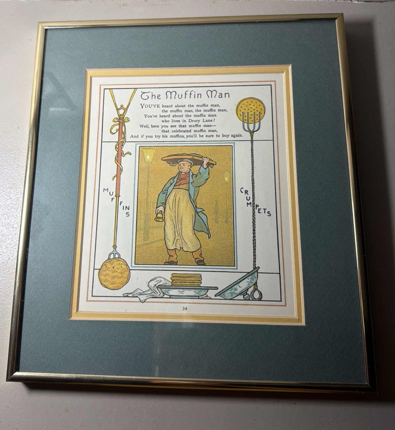 Vintage The Muffin Man Nursery Rhyme Framed Book Page Illustration Wall Art