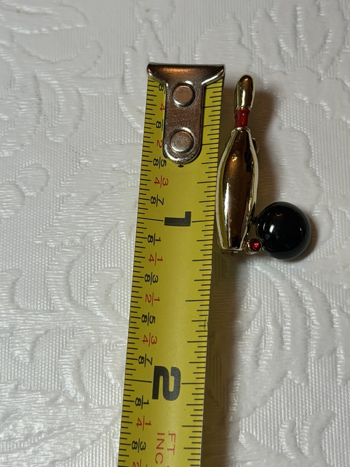 Vintage Bowling Pin and Ball Mini Brooch Pin Lot Gold Tone Red Rhinestone Accent