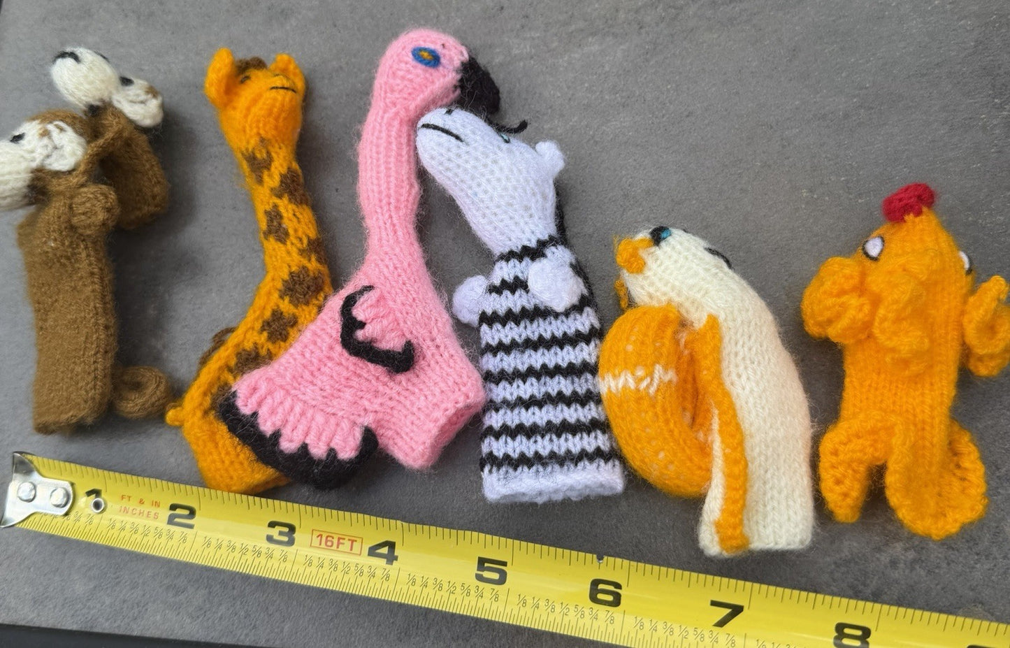 Hand Knitted Wild Animal Finger Puppets Zebra Giraffe Flamingo Snail Monkey Fish