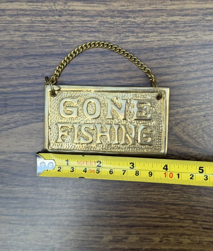 Vintage Brass Gone Fishing Out To Lunch Hanging Novelty Sign