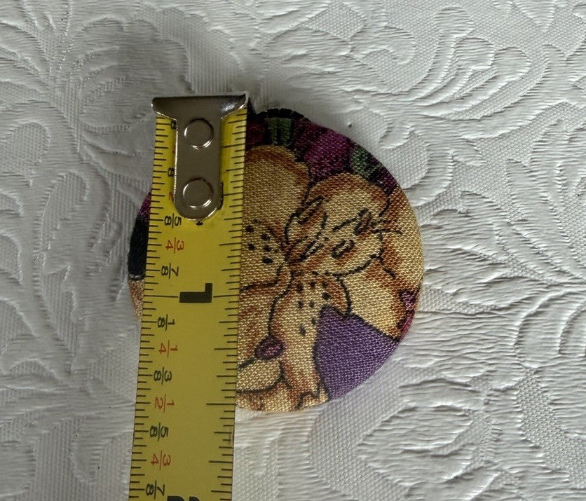 Vintage Fabric Covered Button Ponytail Holder Floral Hair Tie Metal Back Retro