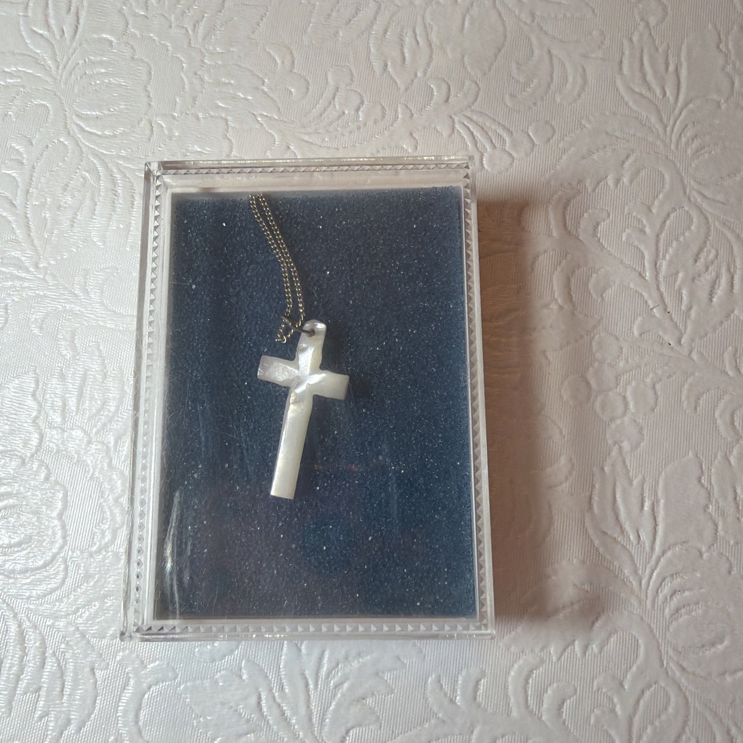 Vintage Carved Mother of Pearl Shell Cross Necklace Silver Tone Chain Minimalist