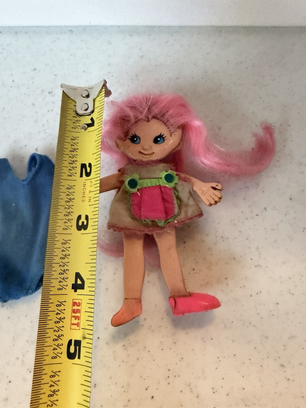Vintage 1969 Ideal Flatsy Doll Pink Hair Blue Eyes with Original Outfit 4.5"