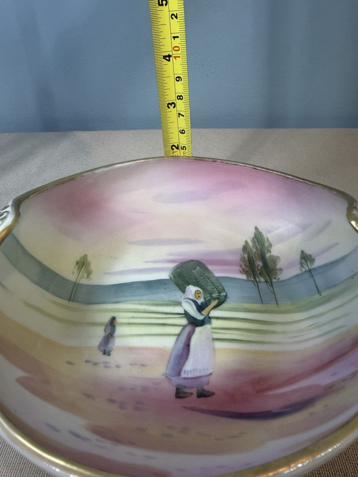 Vintage Nippon Hand Painted Ceramic Bowl Dutch Peasant Scene Floral Japan