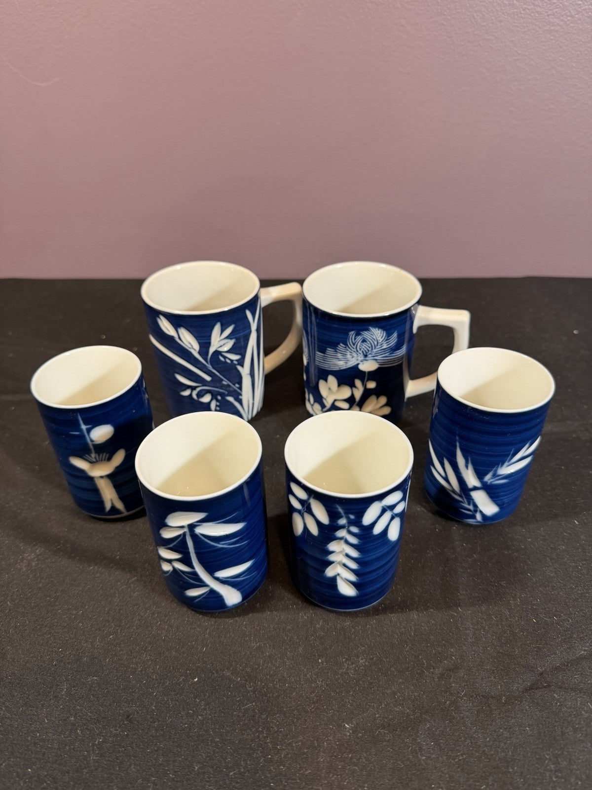 Vintage Japanese Blue White Scenic Mugs 2 With 4 Sake Cups Porcelain Set