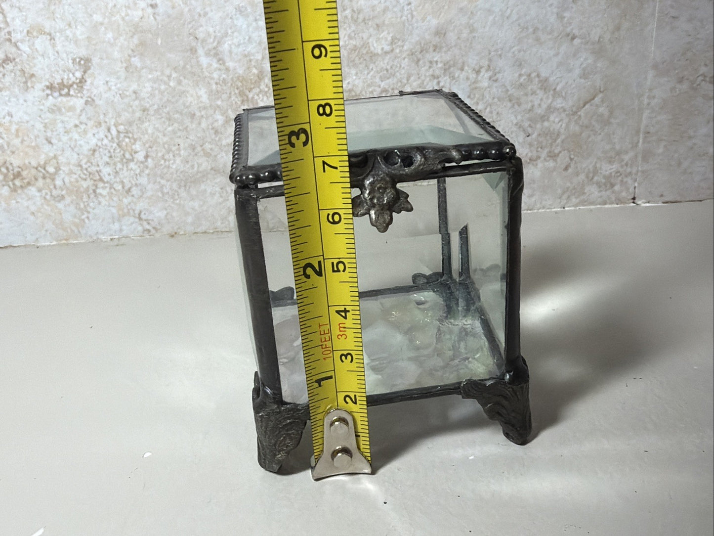 Vintage Style Built Beveled Glass Trinket Jewelry Box Footed Iridescent Metal 3"