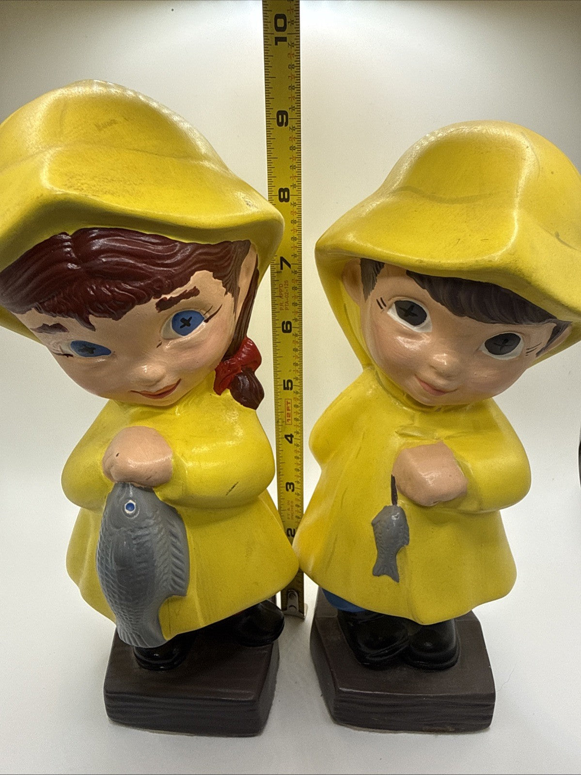 Vintage 1971 Ceramic Fishing Boy & Girl In Yellow Rain Coats So Cute!