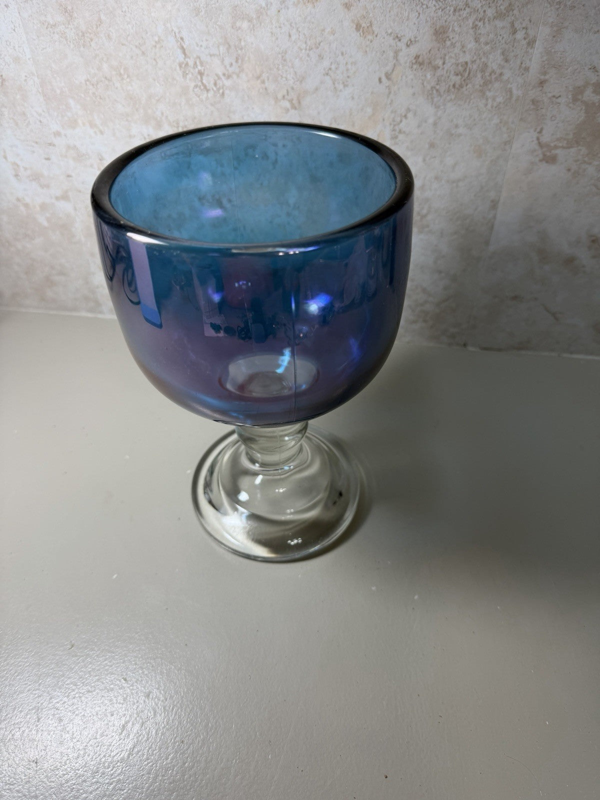 Vintage Sigma Alpha Rho Sorority Iridescent Blue Glass Goblet Chalice 8.5"