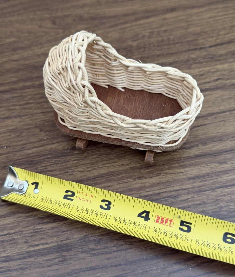 Vintage Wicker Wood Dollhouse Rocking Cradle Bed Bassinet Miniature Furniture