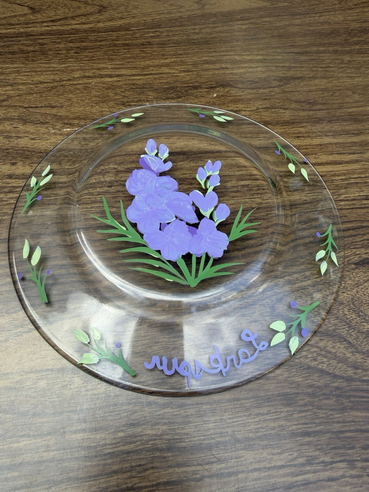 Vintage Reverse Painted Glass Plates Orchid Larkspur Floral Art Set of 2 - 8”