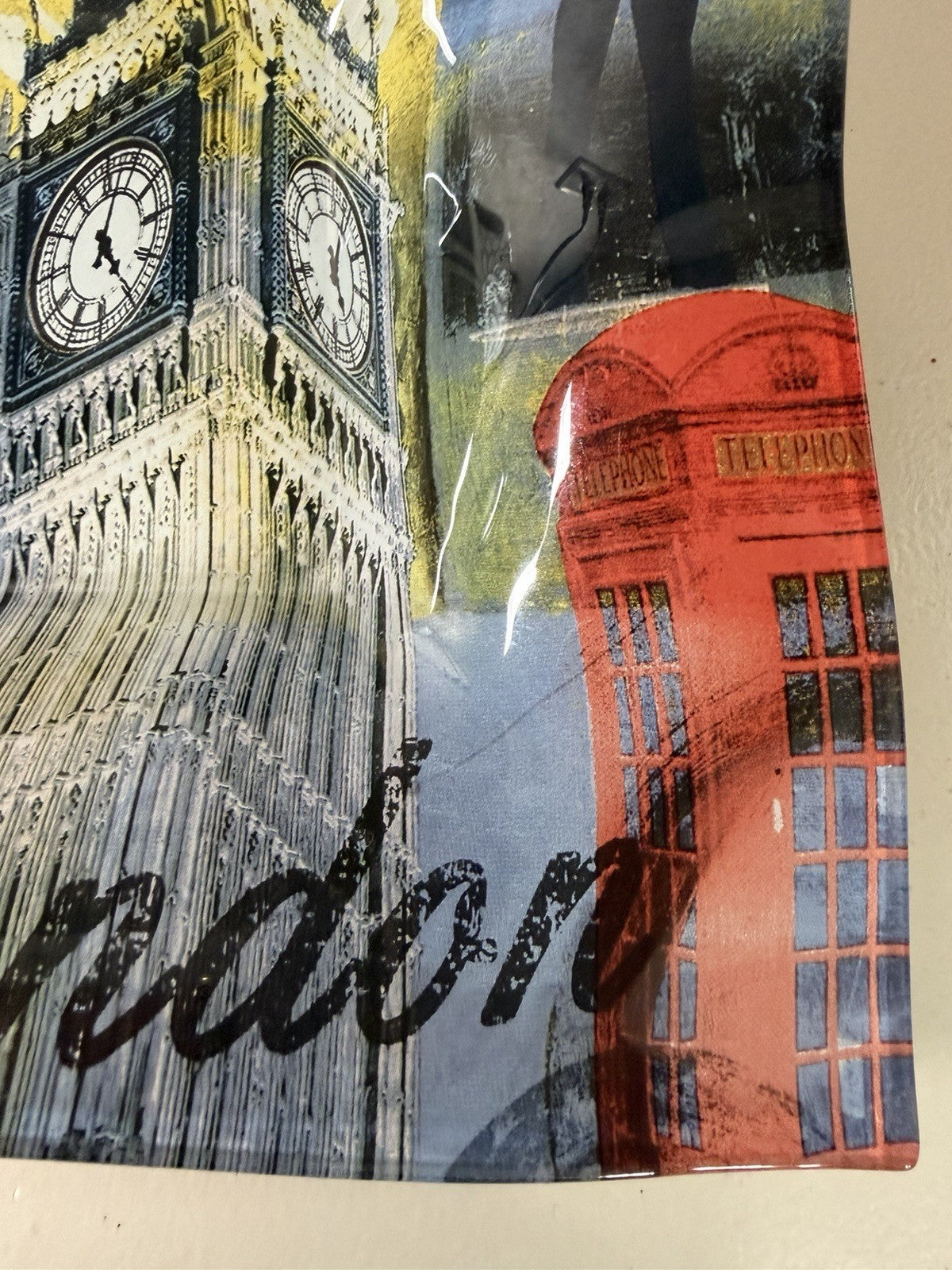 London England Souvenir Fused Glass Square Dish Tray Big Ben Red Bus Decor UK