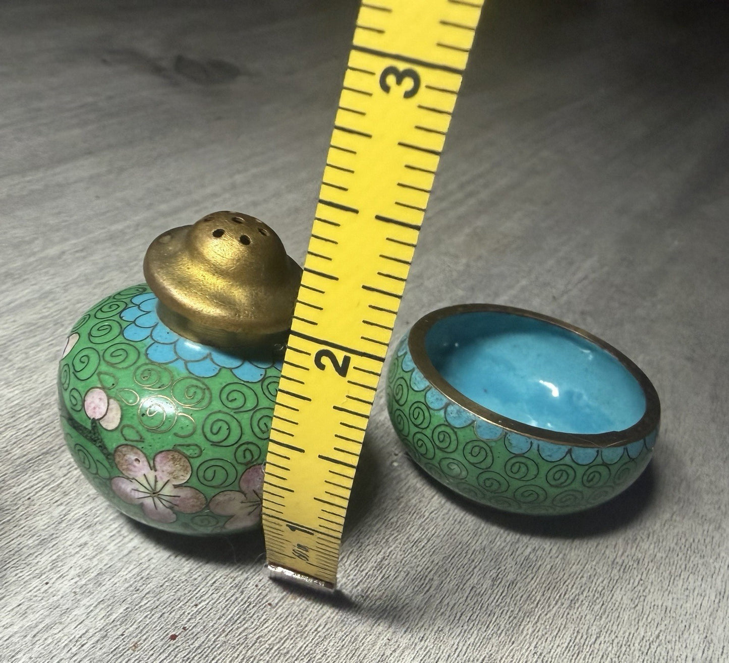 Vintage Cloisonne Salt Pepper Shakers Floral Enamel Green Pink Set