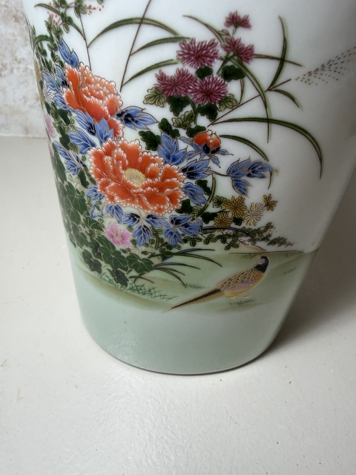 Vintage Japanese Porcelain Vase Green Floral Bird Motif Hand Painted Gold Trim