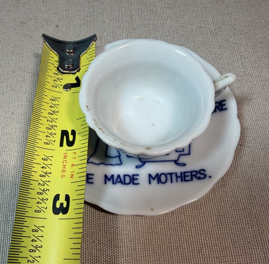 Vintage Miniature Cup Saucer Kitchen Prayer He Made Mothers Blue White