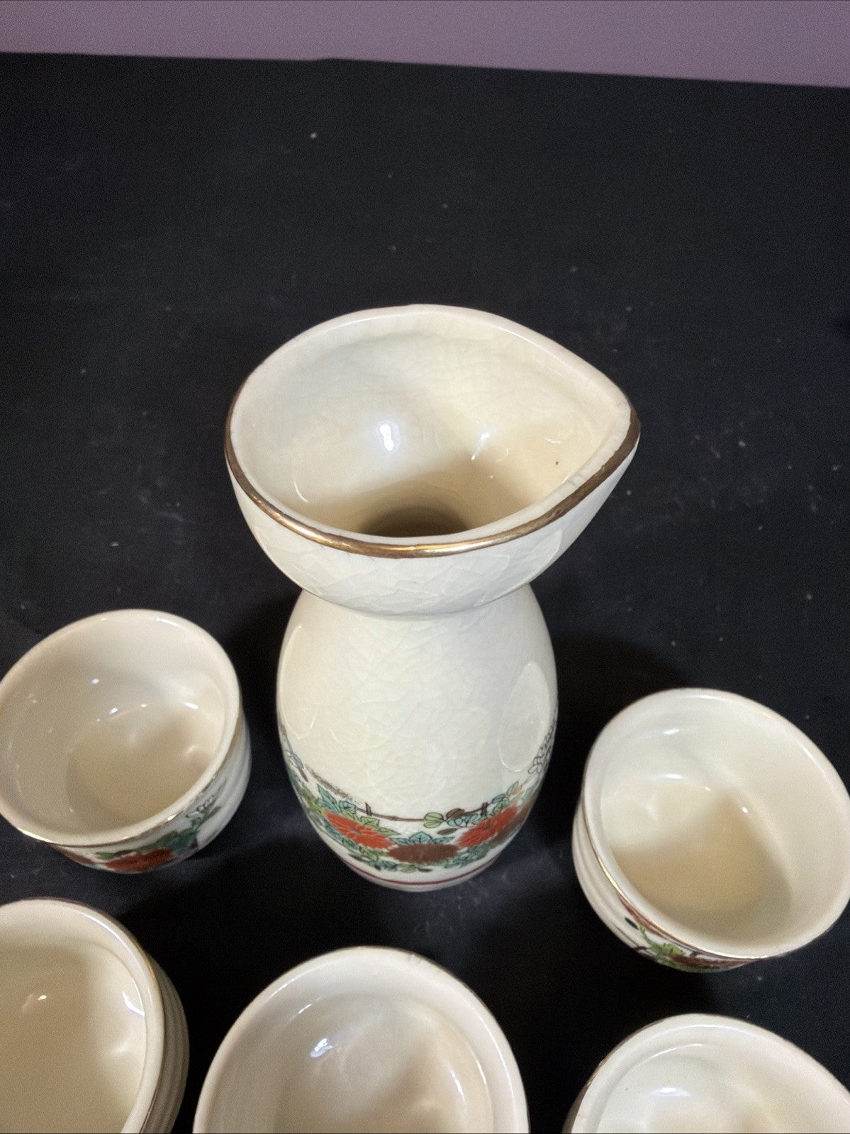 Vintage Otagiri Japanese Sake Set Crackle Ceramic 6 Piece Set