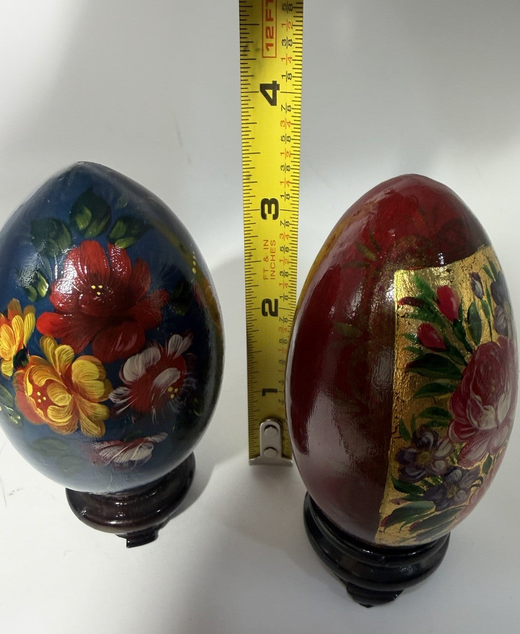 Zhostovo Hand Painted Lacquerware Wooden Eggs Floral With Stands