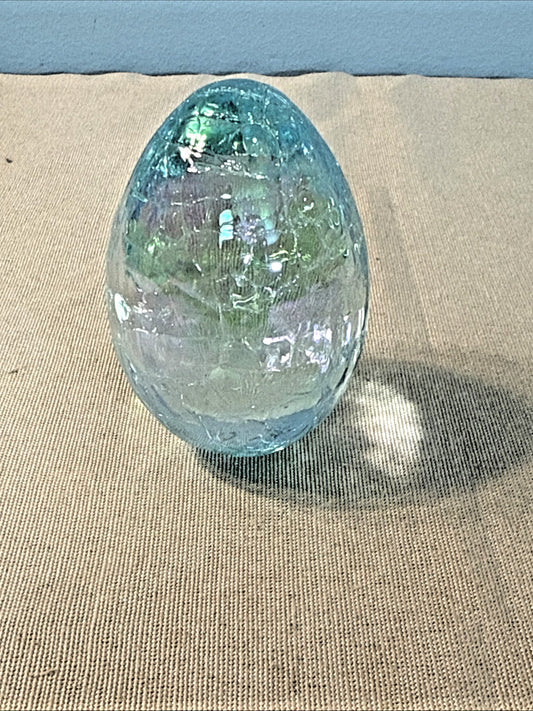 Vintage OBG 1987 Blue Iridescent Crackle Glass Easter Egg Paperweight Art Decor