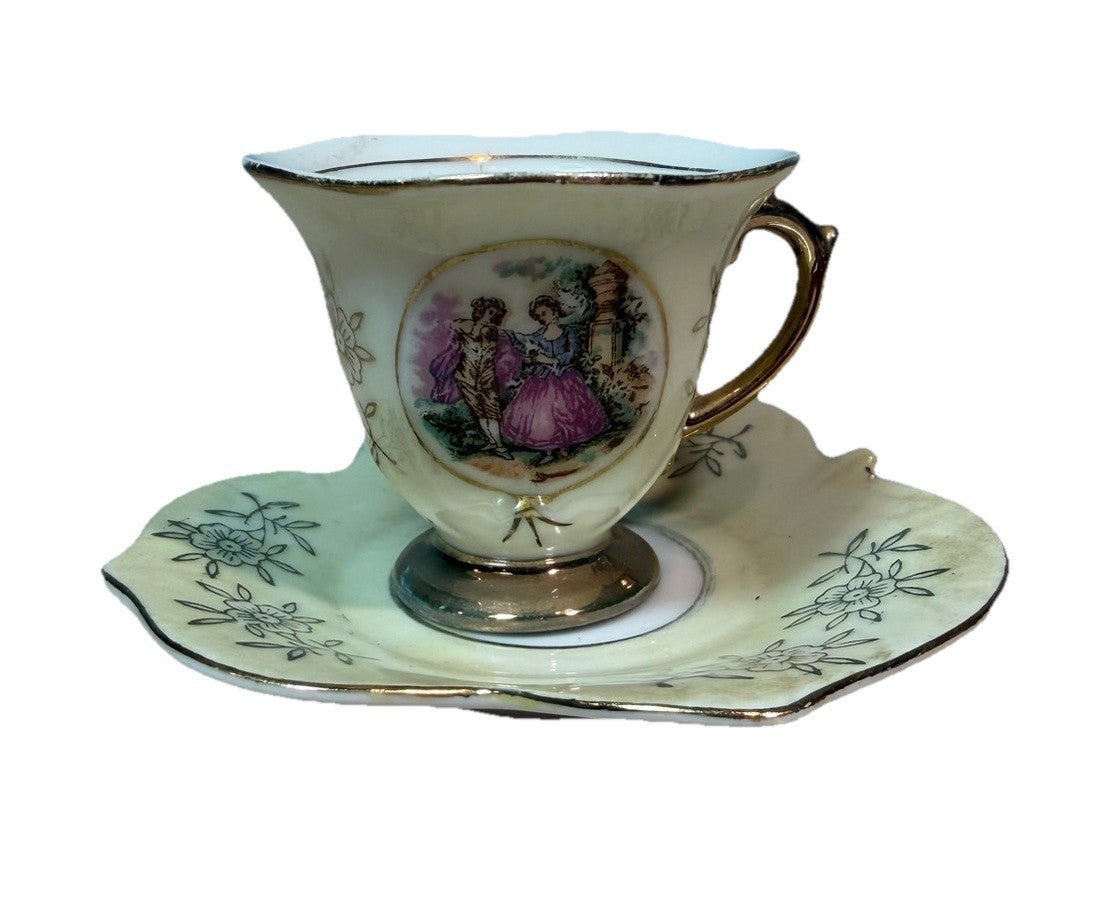 Vintage Yellow Lustreware Demitasse Cup Saucer Leaf Shape Couple Scene