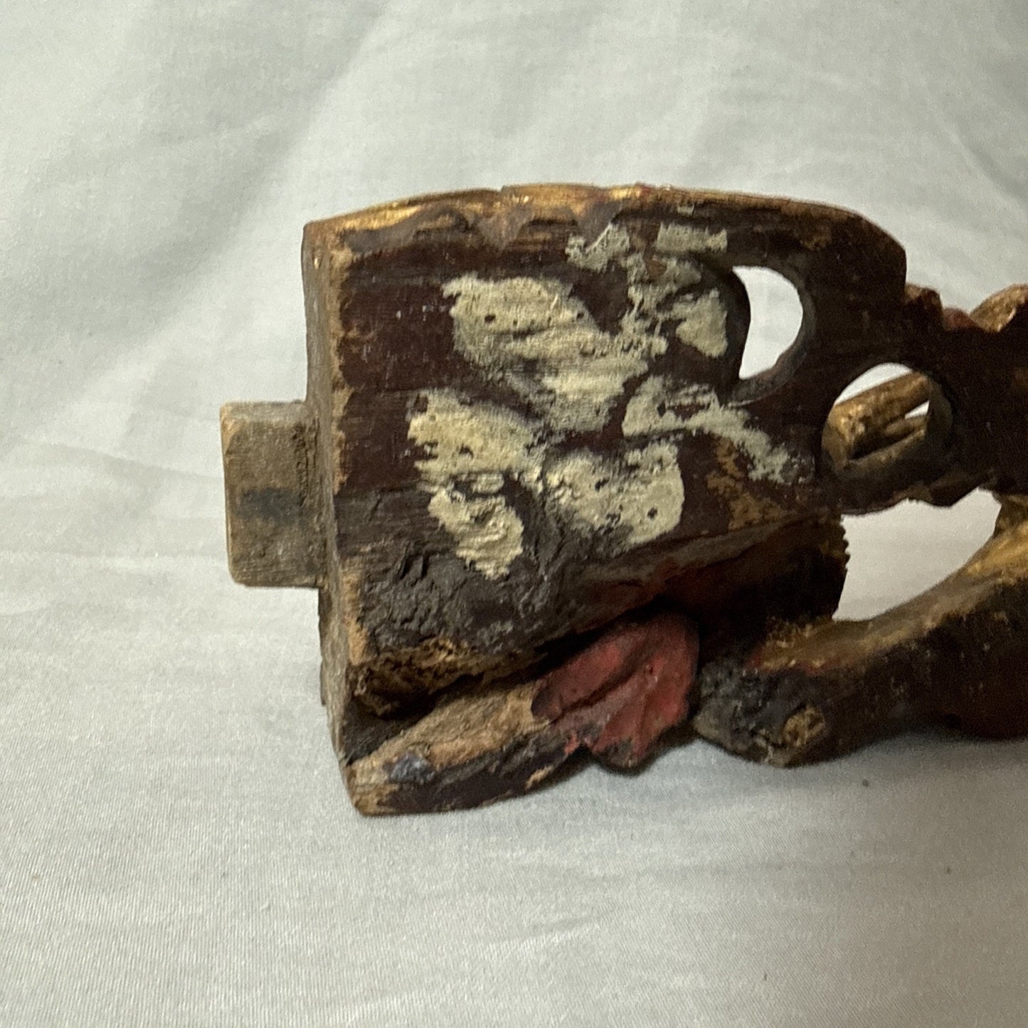 Antique Chinese Qing Dynasty Wood Temple  Red & Gilt Panel Dragon Fragment 7”x3”