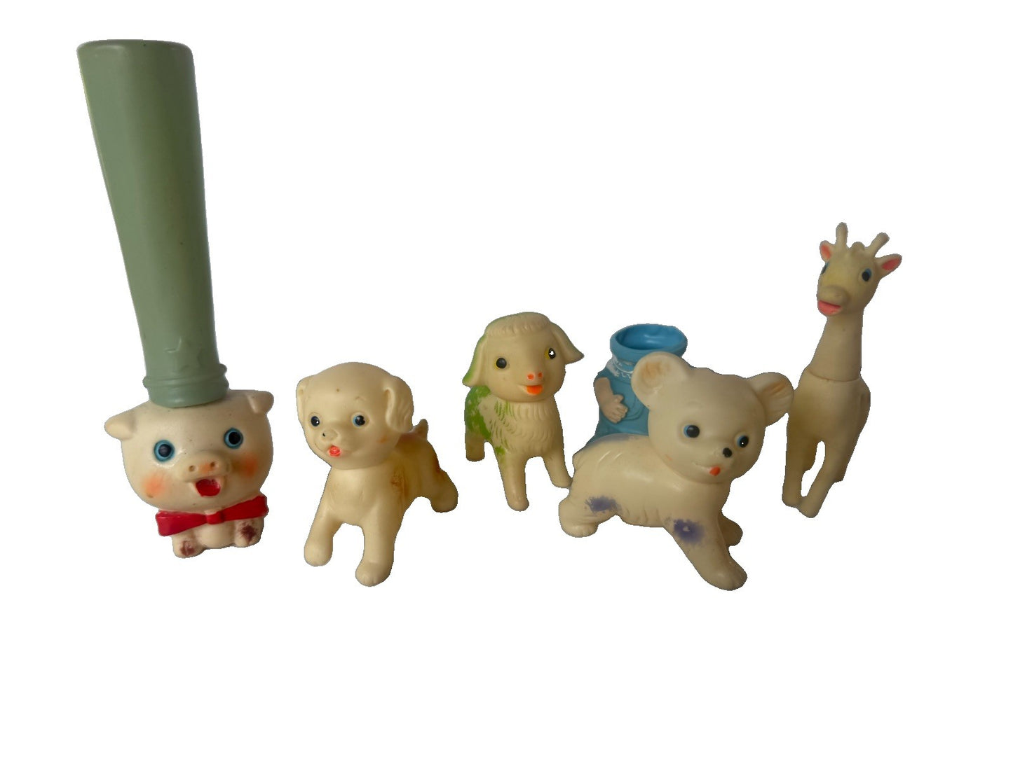 Vintage Rubber Squeaky Animal Toy Lot Pig Dog Lamb Bear Giraffe Retro
