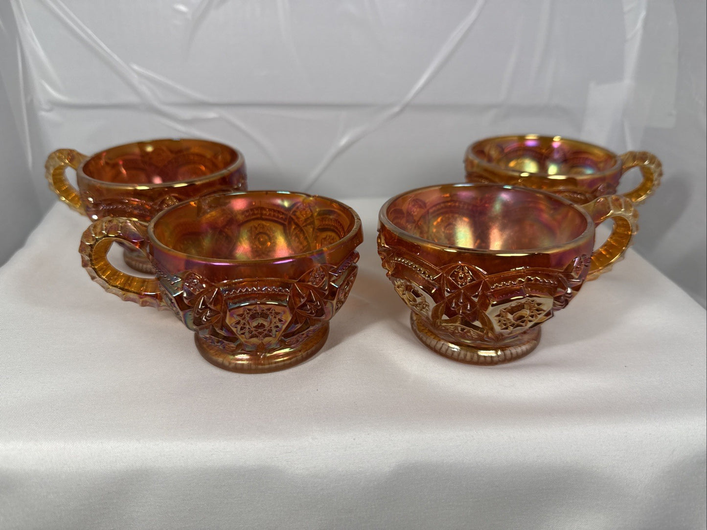 Set of 4 Vintage Imperial Hobstar Iridescent Marigold Orange Carnival Glass Cups