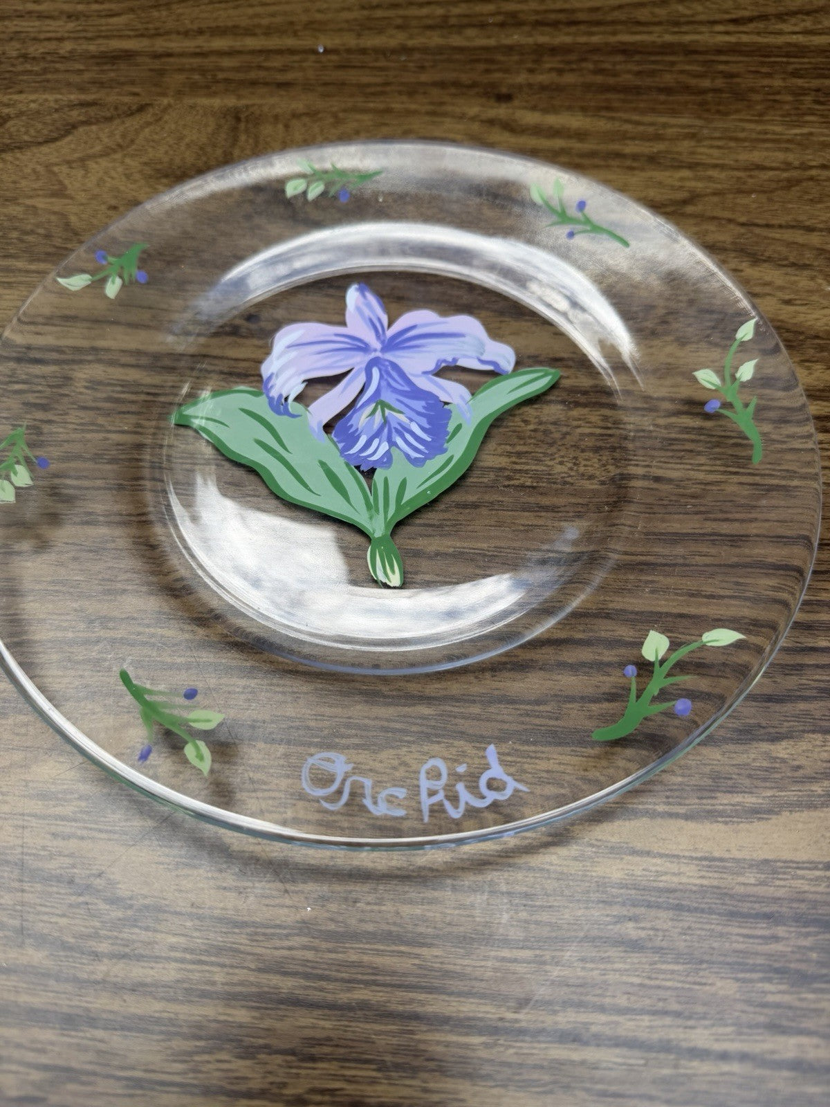 Vintage Reverse Painted Glass Plates Orchid Larkspur Floral Art Set of 2 - 8”