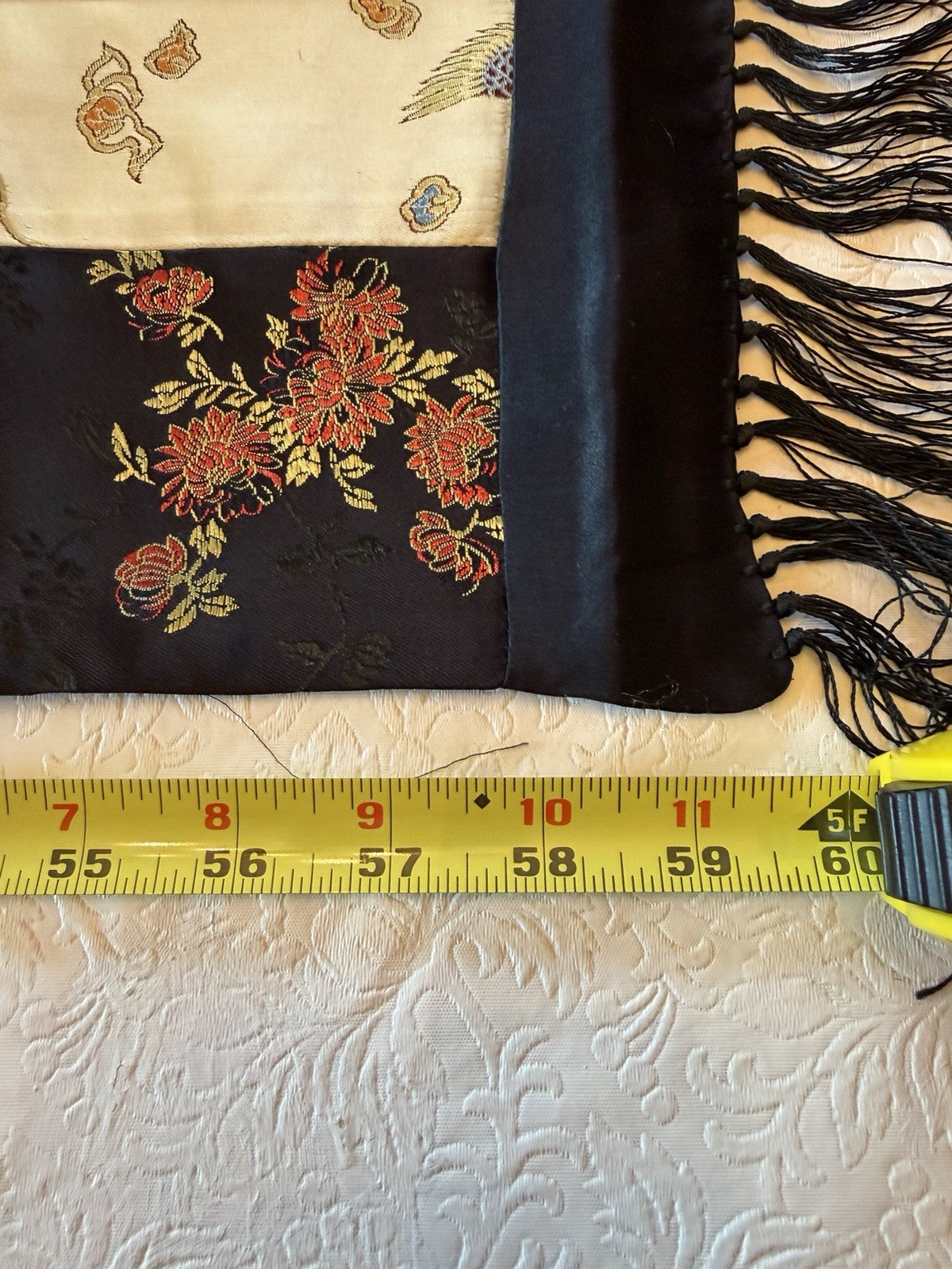 Vintage Asian Silk Brocade Table Runner Red Gold Floral Fringe 58" Oriental