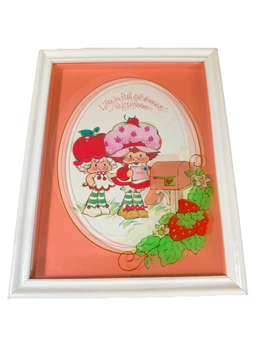 1980s Strawberry Shortcake & Apple Dumpling Reverse Painted Glass Art 6.5x8.5