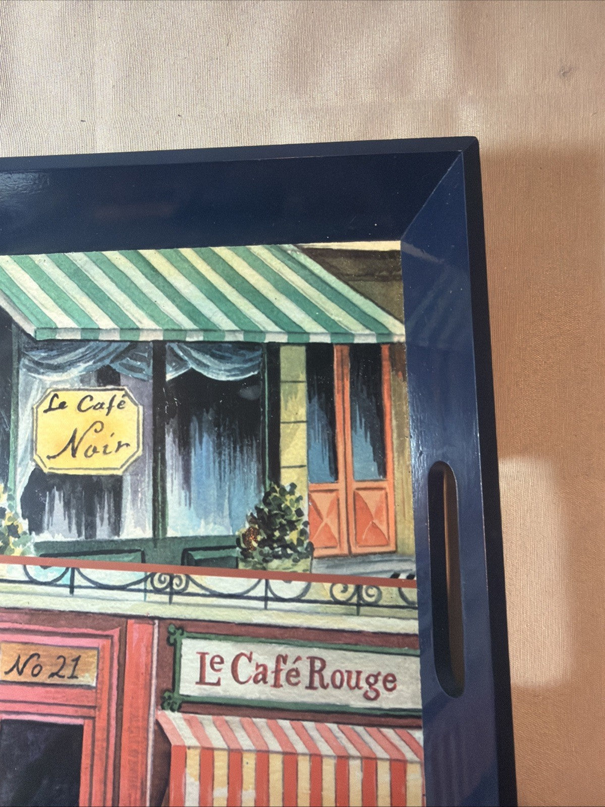 French Street Scene Serving Tray with Navy Blue Handles 14.5" x 9.5"