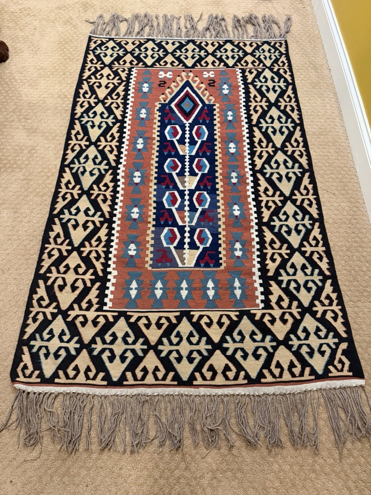 Vintage Turkish Kilim Flat Weave Rug Runner Geometric Tribal Wool Fringe Handmad