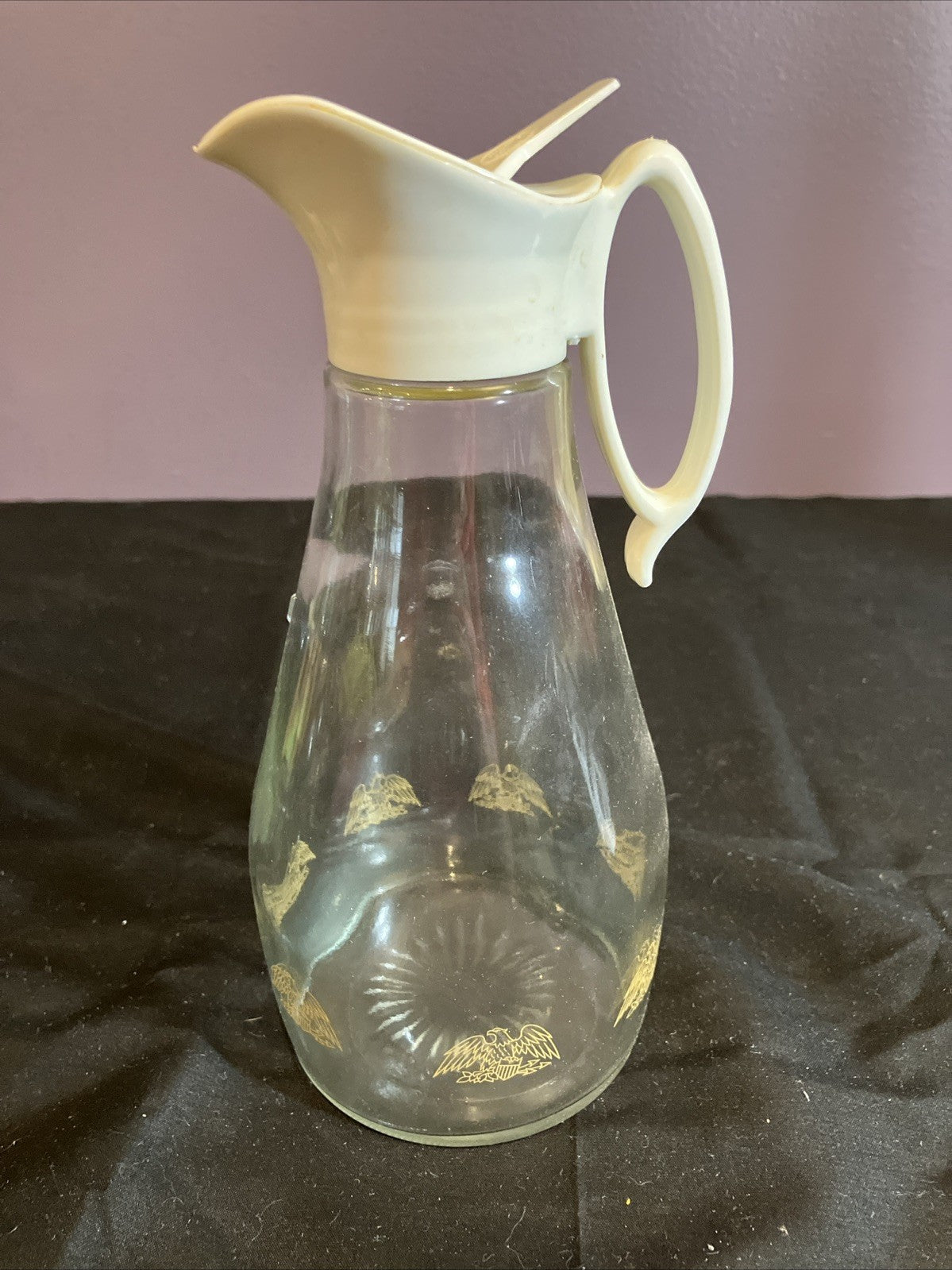 Vintage Log Cabin Syrup Pitcher Glass Bottle Gold Eagle Print