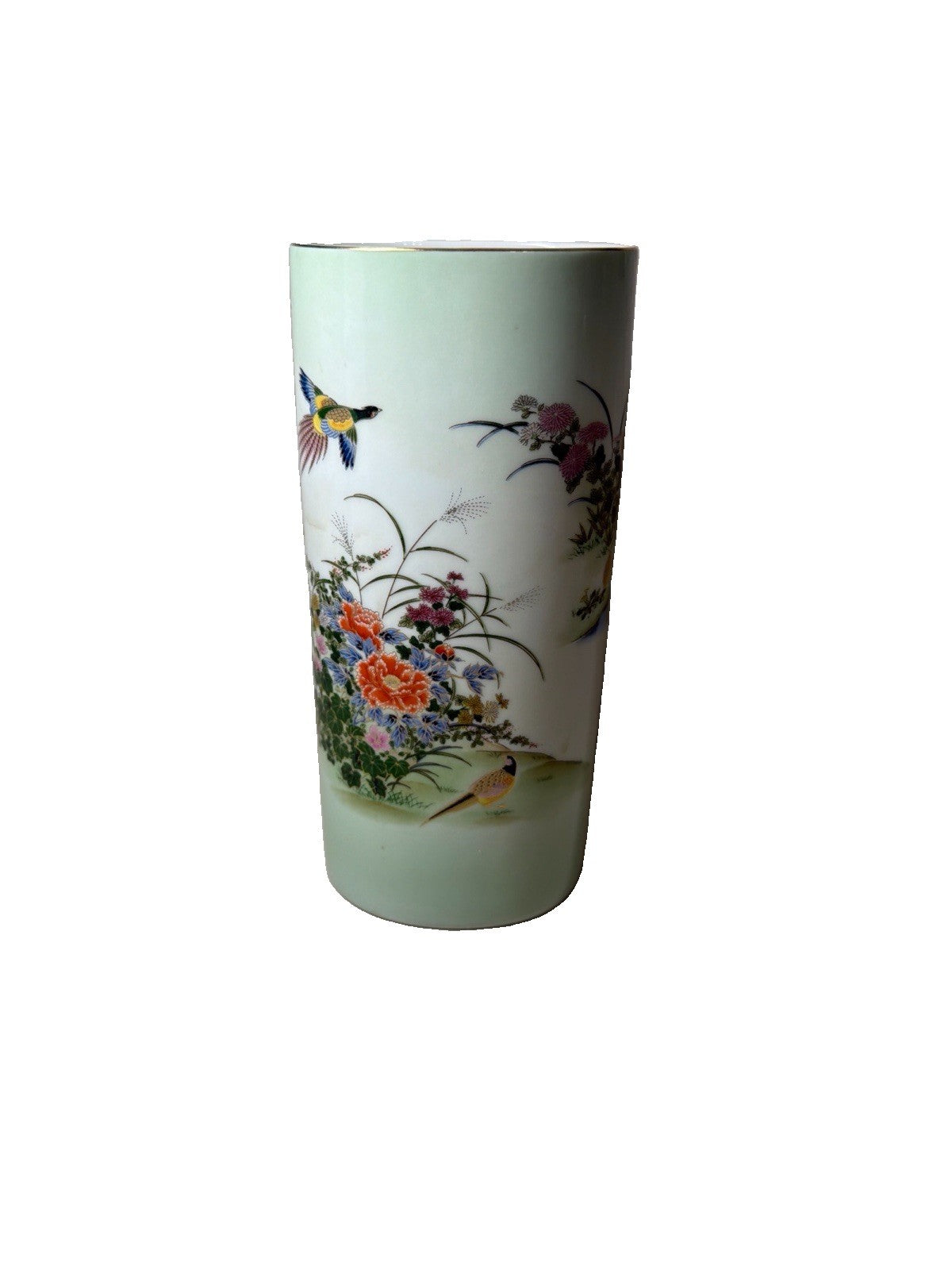 Vintage Japanese Porcelain Vase Green Floral Bird Motif Hand Painted Gold Trim