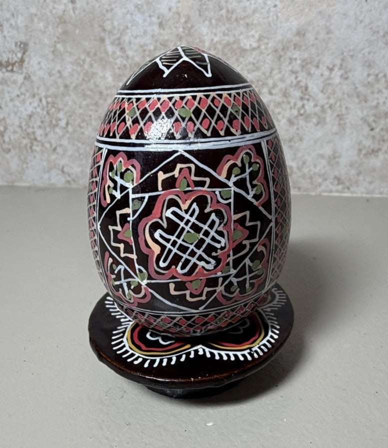 Vintage Hand Painted Pysanka Egg Folk Art Ukrainian Style Wooden Display Stand