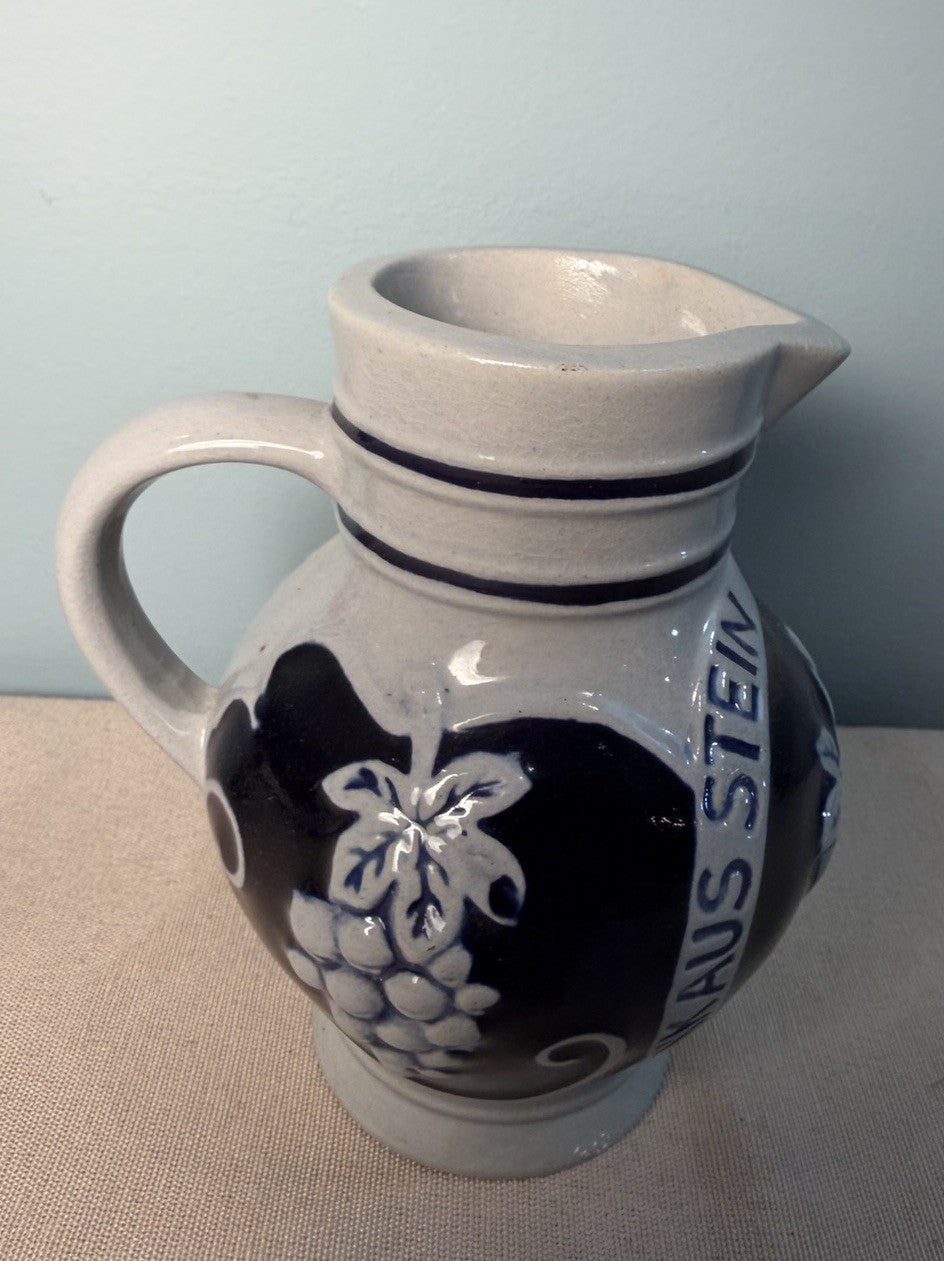 Vintage German Stoneware Pitcher Blue Gray Grape Vine Glaze Barware Decanter