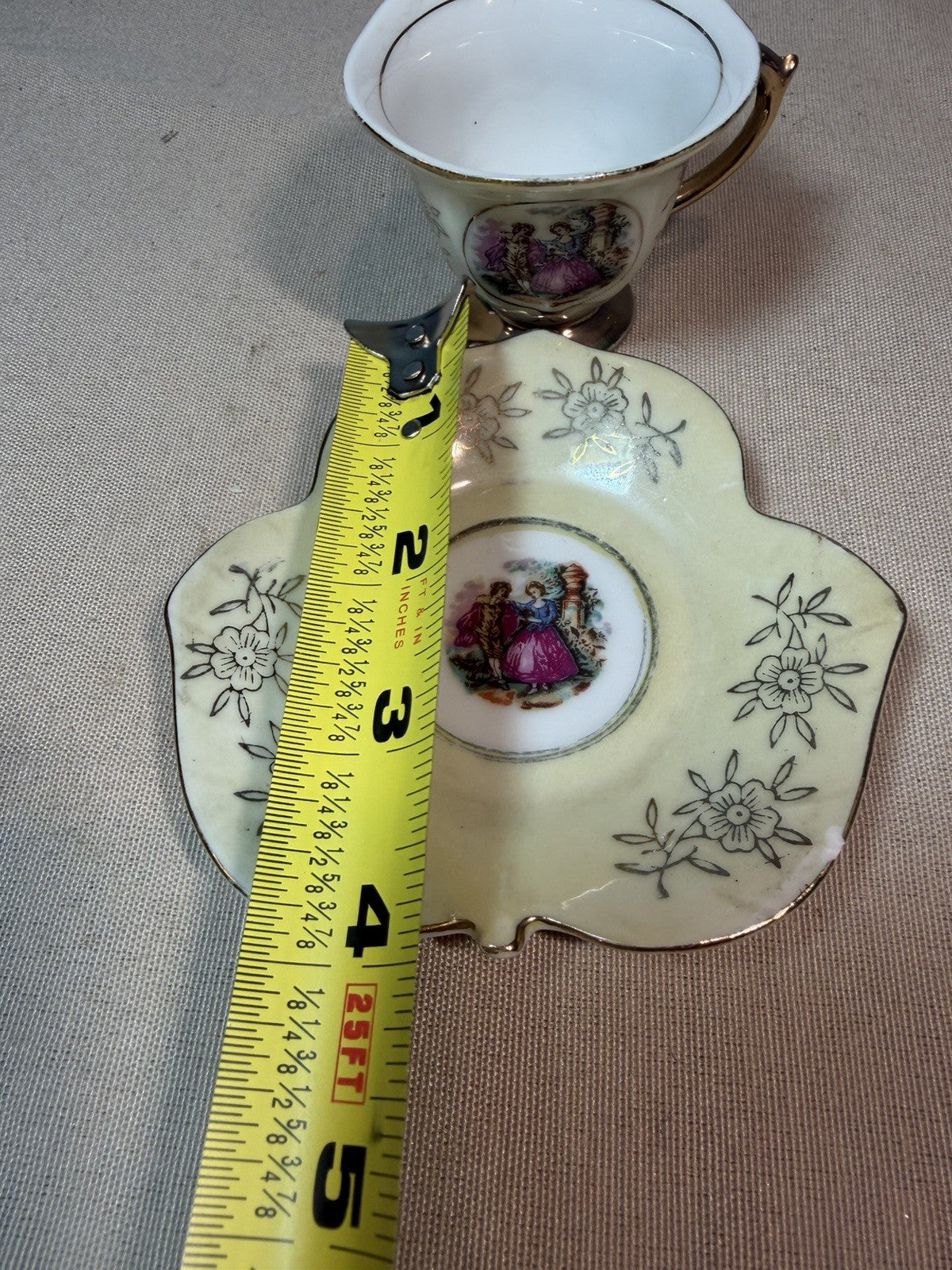 Vintage Yellow Lustreware Demitasse Cup Saucer Leaf Shape Couple Scene
