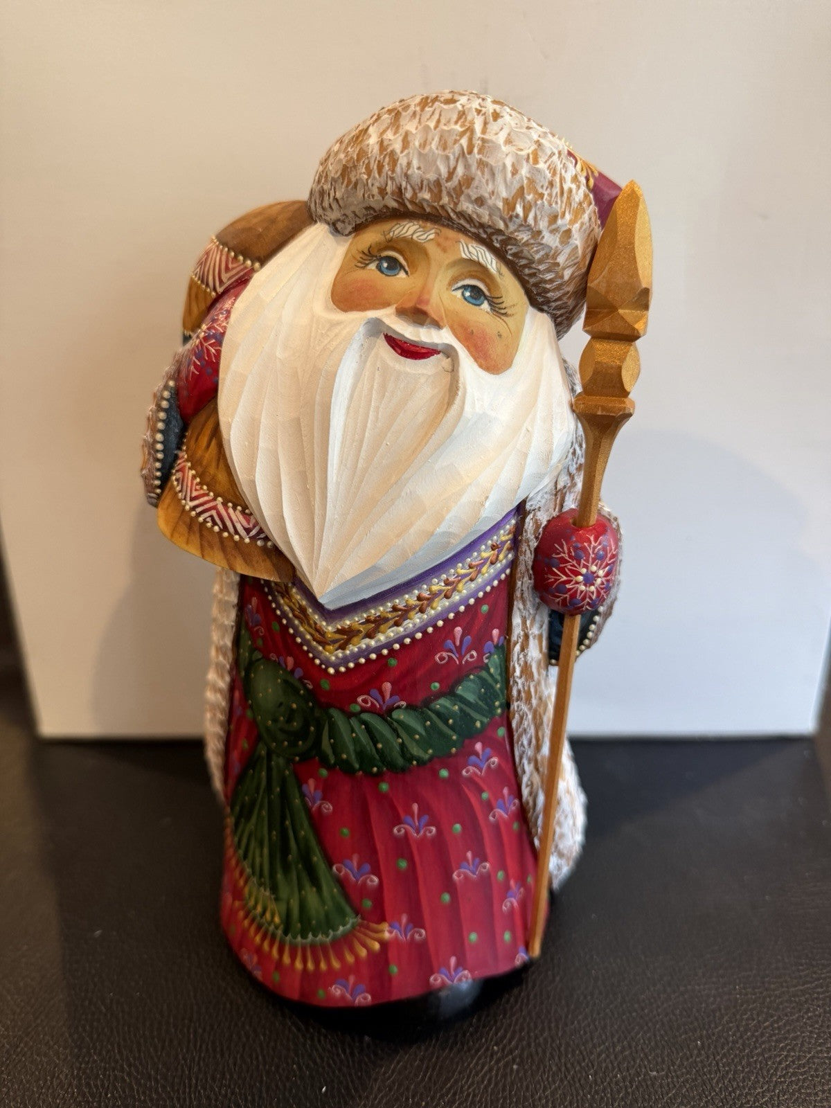 Hand Carved Russian Santa Claus Sergiev Posad Signed Folk Art Figure 9.5" Wood