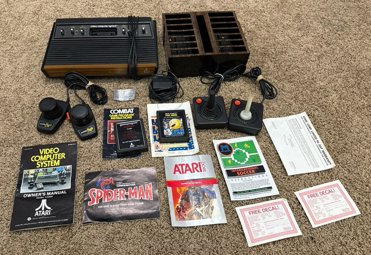 Atari 2600 Woodgrain Console 2 Controllers Paddles Pac Man Combat Games Bundle