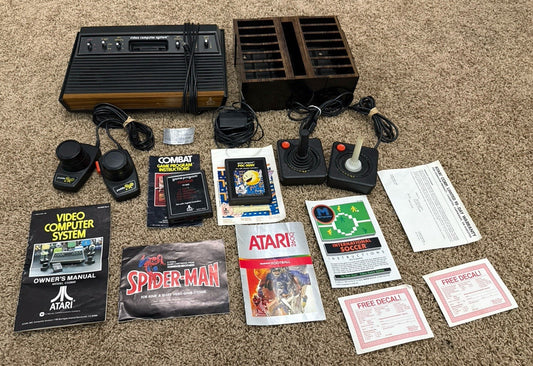 Atari 2600 Woodgrain Console 2 Controllers Paddles Pac Man Combat Games Bundle