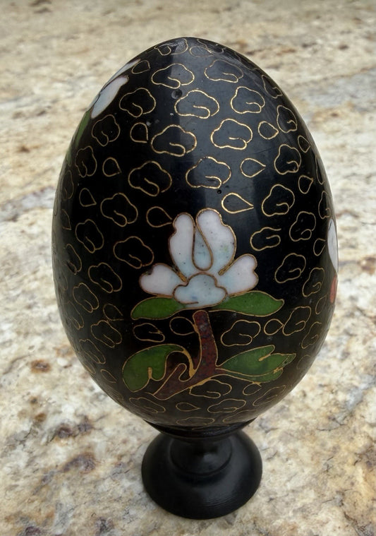 Vintage Cloisonne Egg Floral Brass Enamel Decorative Collectible with Stand