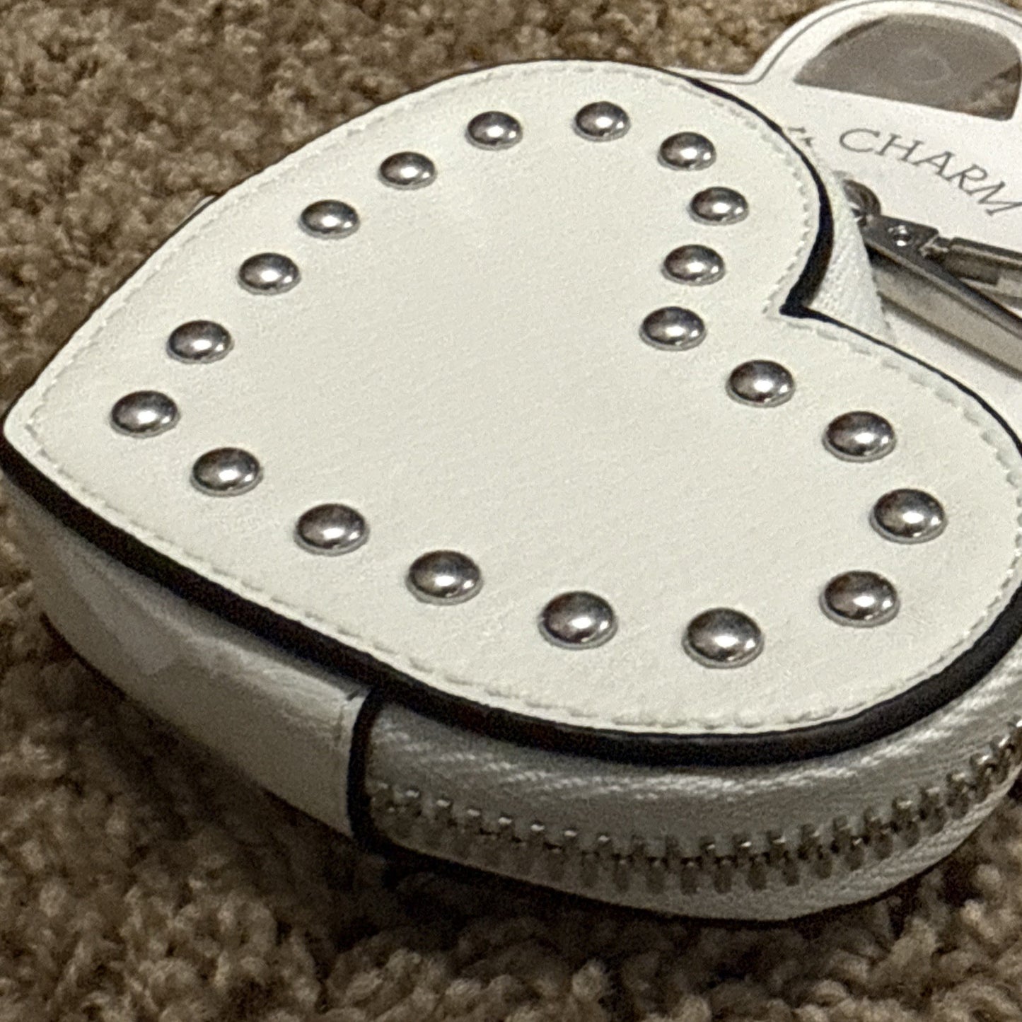 White Silver Heart Studded Zipper Charm Clip On Bag Purse Accessory Keychain