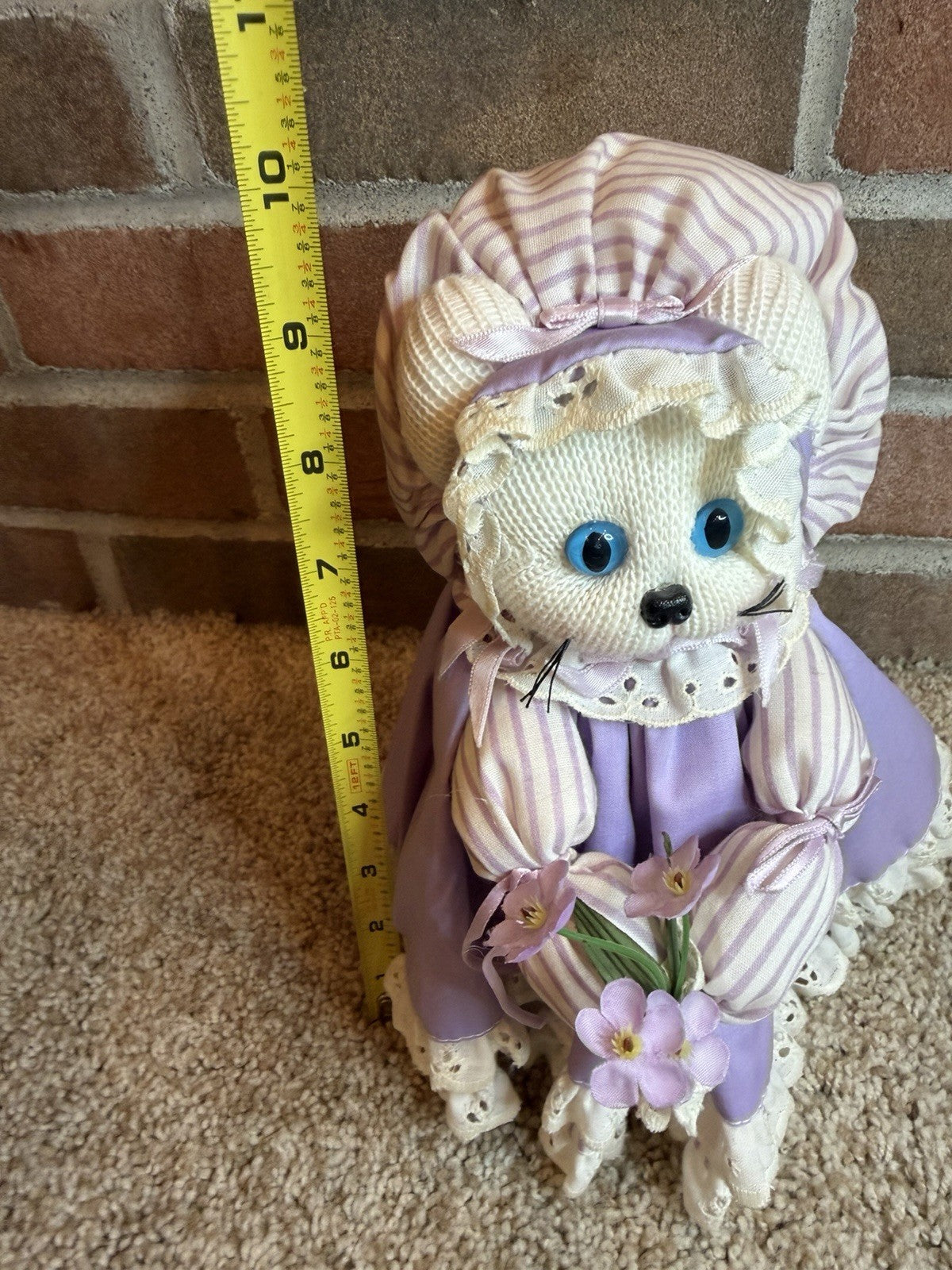 Vintage Handmade Knit Cat Doll Plush Purple Dress Bonnet Flowers Stuffed Animal