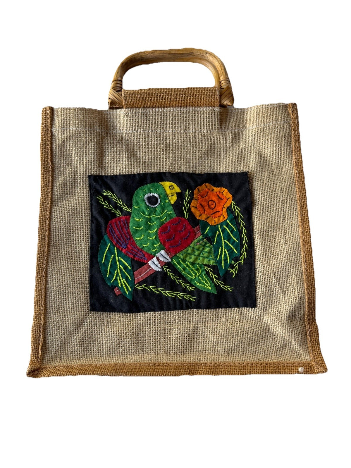 Vintage Mola Applique Parrot Burlap Tote Bag Folk Art Bamboo Handles